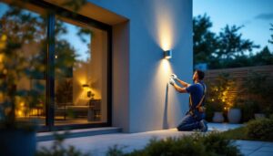 A photograph of a lighting contractor expertly installing external recessed wall lights in a modern outdoor setting