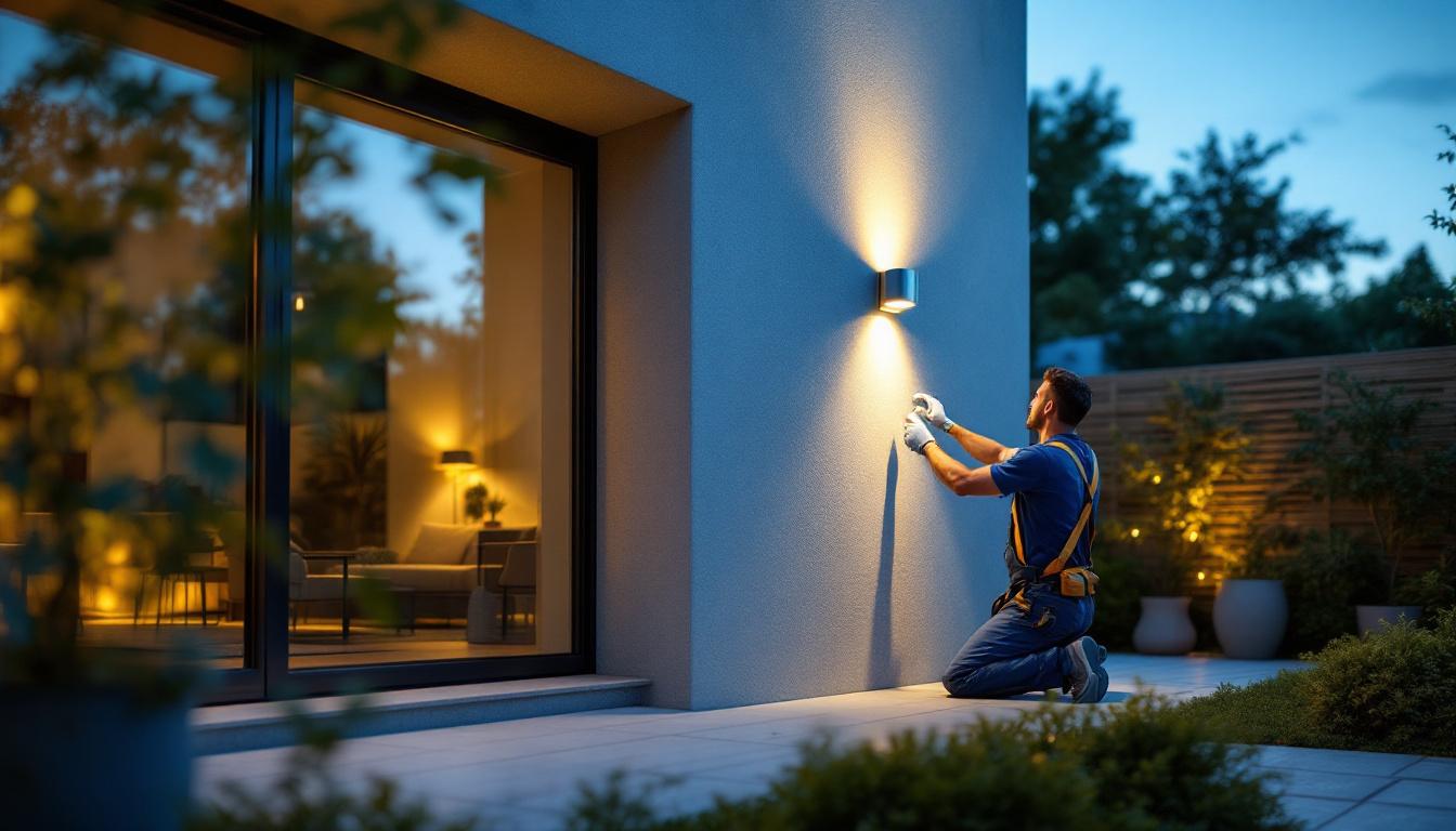 A photograph of a lighting contractor expertly installing external recessed wall lights in a modern outdoor setting