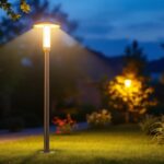 A photograph of a beautifully illuminated low voltage pole lamp in an outdoor setting