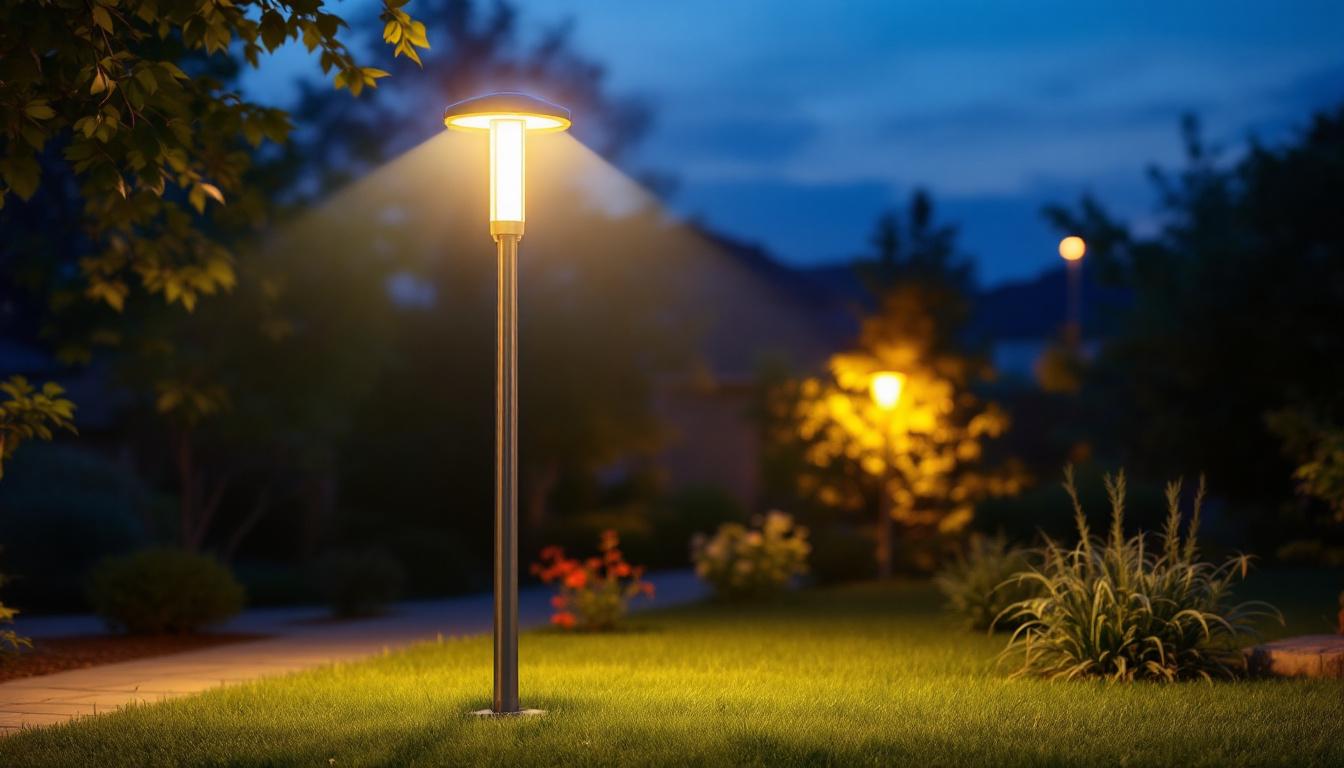 A photograph of a beautifully illuminated low voltage pole lamp in an outdoor setting