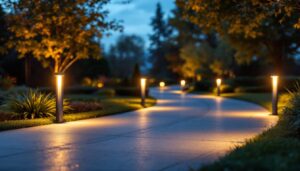 A photograph of a stylish driveway illuminated by modern bollard lights at dusk