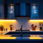 A photograph of a beautifully designed kitchen featuring under cabinet led lighting strips illuminating the countertops