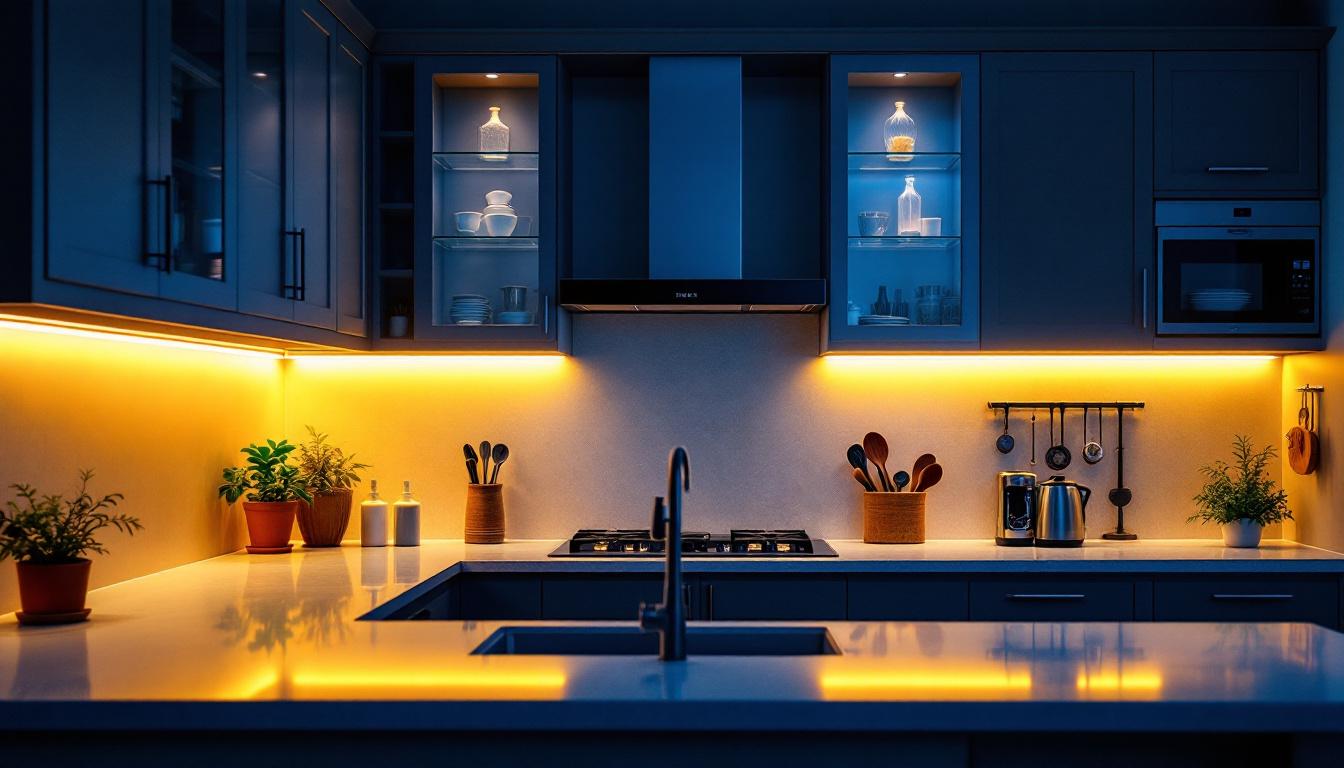 A photograph of a beautifully designed kitchen featuring under cabinet led lighting strips illuminating the countertops