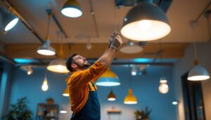 A photograph of a well-lit interior space showcasing various ceiling lamp designs