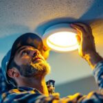 A photograph of a lighting contractor installing a 10-inch recessed light in a modern ceiling