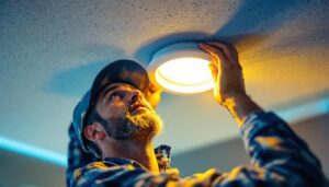 A photograph of a lighting contractor installing a 10-inch recessed light in a modern ceiling