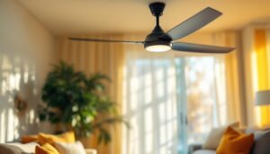 A photograph of a stylish and modern ceiling fan in a well-lit living space