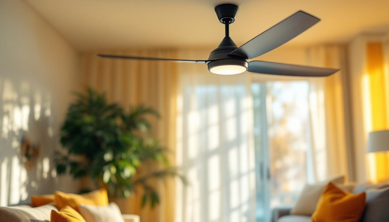 A photograph of a stylish and modern ceiling fan in a well-lit living space