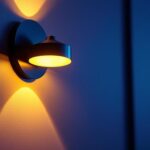 A photograph of a stylishly designed movie theater wall light fixture in an elegant cinema setting