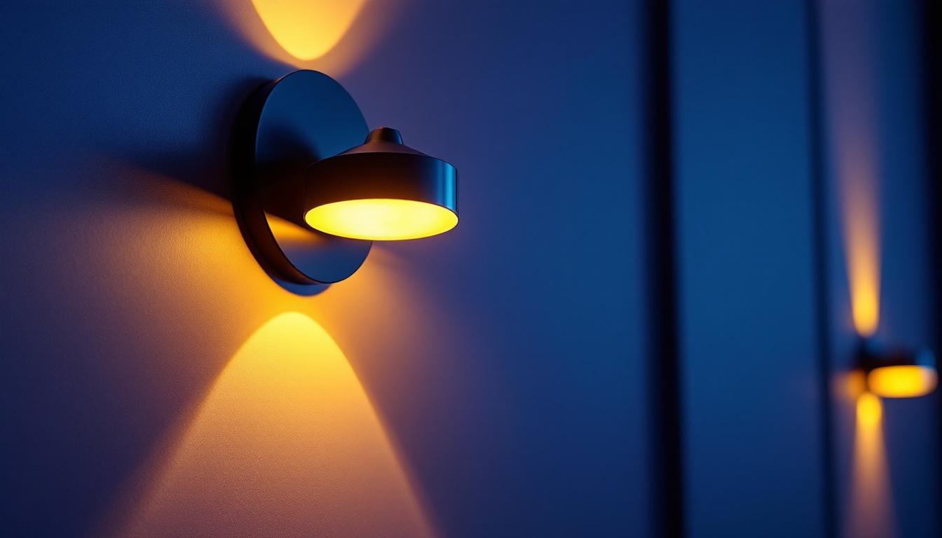 A photograph of a stylishly designed movie theater wall light fixture in an elegant cinema setting