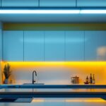 A photograph of a modern kitchen featuring stylish fluorescent ceiling lights that highlight the space
