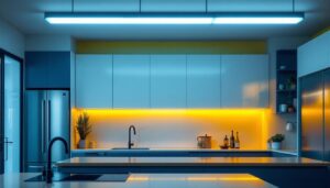 A photograph of a modern kitchen featuring stylish fluorescent ceiling lights that highlight the space