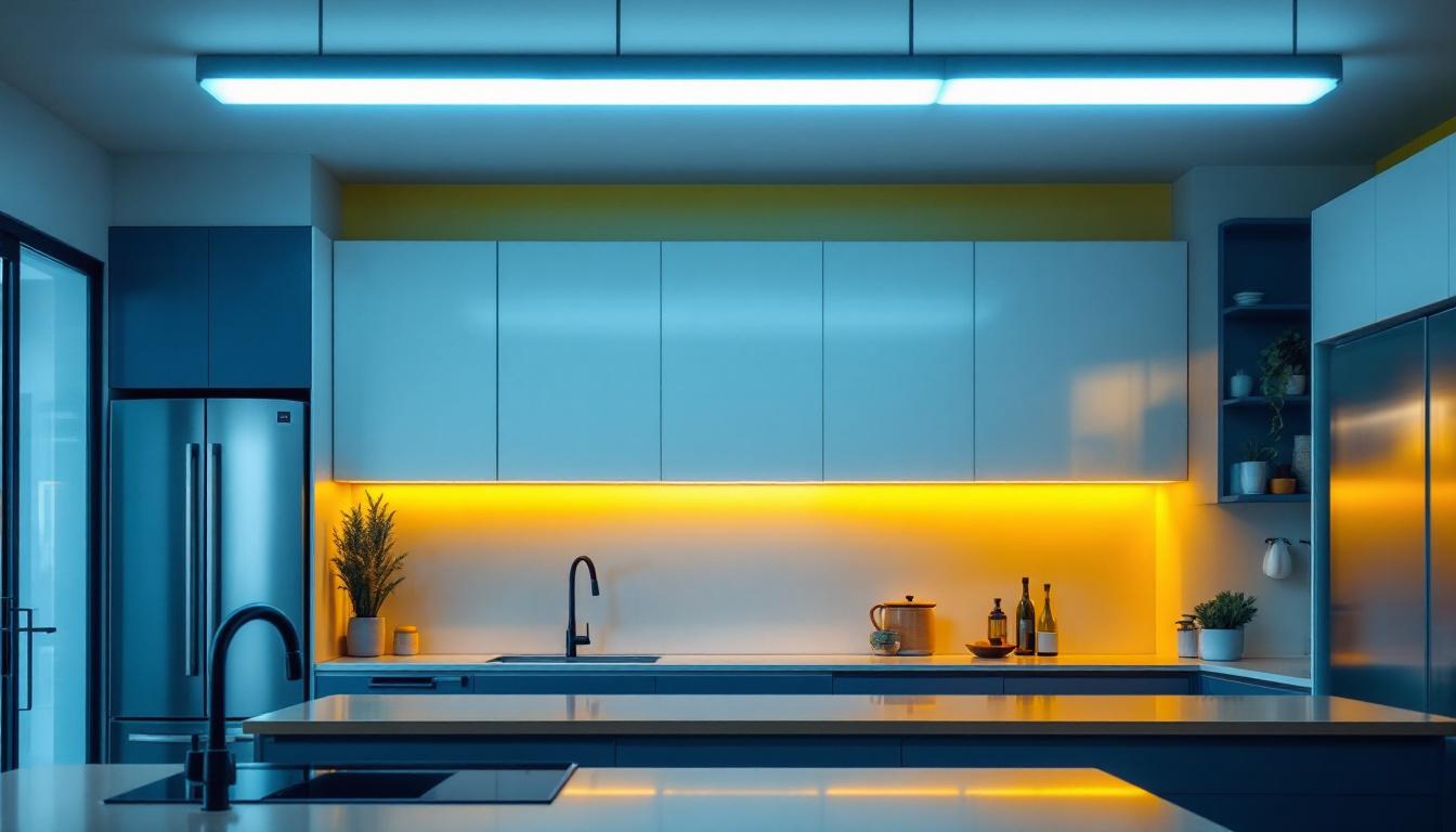 A photograph of a modern kitchen featuring stylish fluorescent ceiling lights that highlight the space
