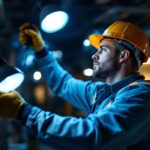 A photograph of a lighting contractor in action
