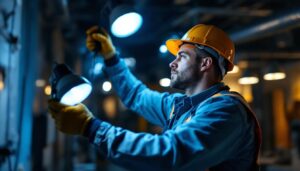 A photograph of a lighting contractor in action
