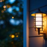 A photograph of a stylish back porch light fixture in use during dusk