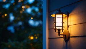 A photograph of a stylish back porch light fixture in use during dusk