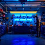 A photograph of a well-lit garage workspace featuring a variety of strip lighting setups