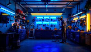 A photograph of a well-lit garage workspace featuring a variety of strip lighting setups