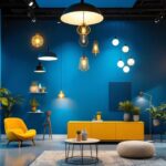 A photograph of a modern lighting showroom showcasing a blend of innovative lighting designs and traditional fixtures