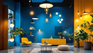 A photograph of a modern lighting showroom showcasing a blend of innovative lighting designs and traditional fixtures