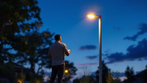 A photograph of a well-designed 12v light post in an outdoor setting