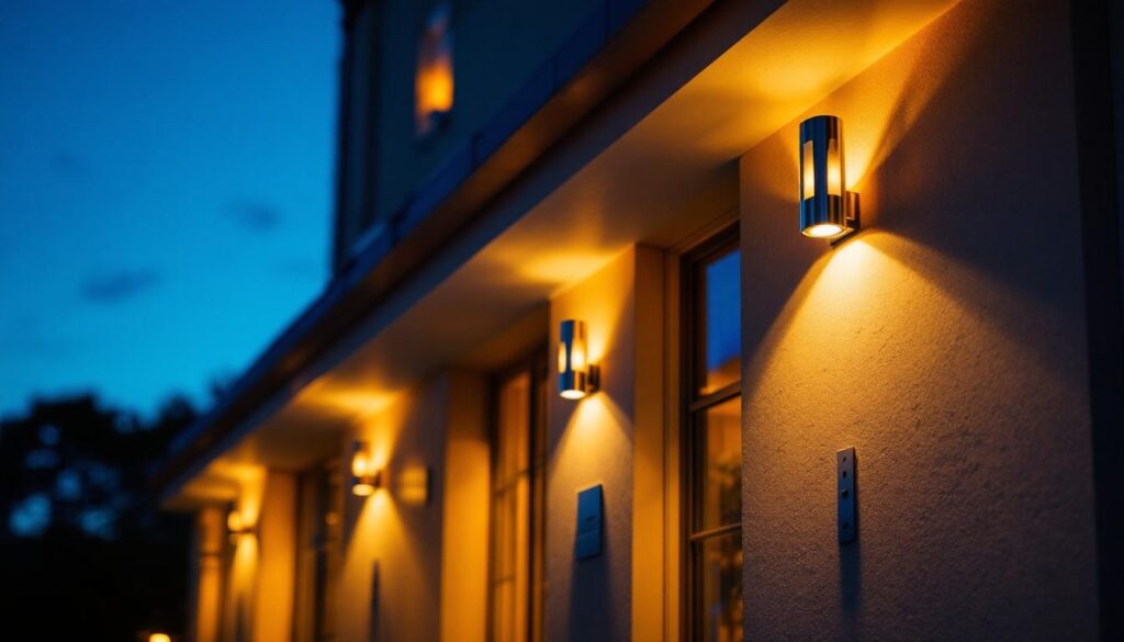 A photograph of a beautifully illuminated outdoor entrance featuring stylish lighting fixtures that enhance the aesthetic appeal and safety of the space