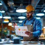 A photograph of a lighting contractor analyzing various light fixtures and their corresponding light reflectance values in a well-lit workspace