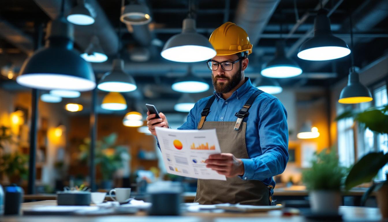 A photograph of a lighting contractor analyzing various light fixtures and their corresponding light reflectance values in a well-lit workspace