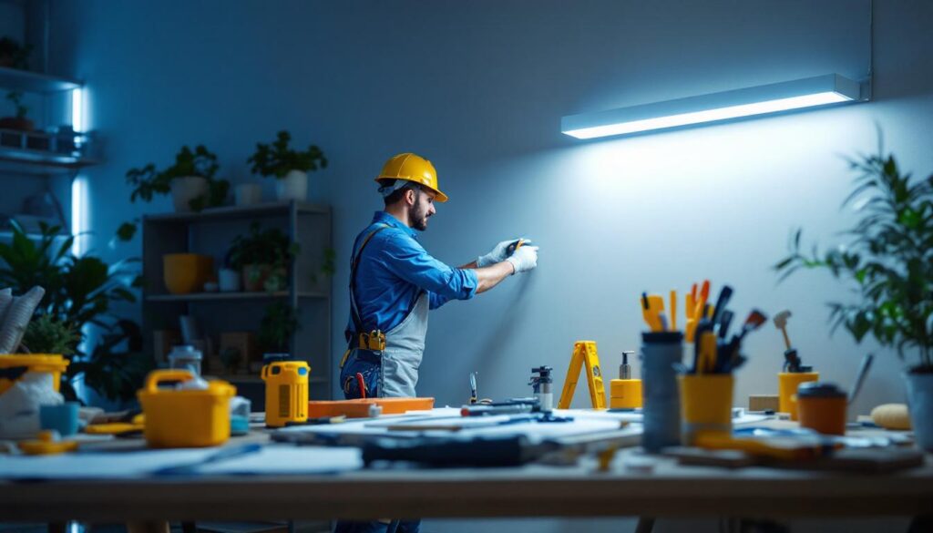 A photograph of a well-lit workspace featuring a professional lighting contractor installing a sleek led wall mount light fixture