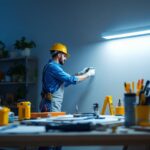 A photograph of a well-lit workspace featuring a professional lighting contractor installing a sleek led wall mount light fixture