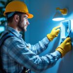 A photograph of a skilled lighting contractor installing an electrical box for a wall light in a well-lit