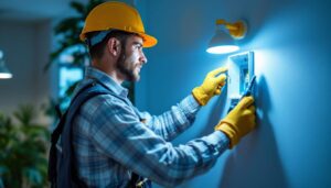 A photograph of a skilled lighting contractor installing an electrical box for a wall light in a well-lit