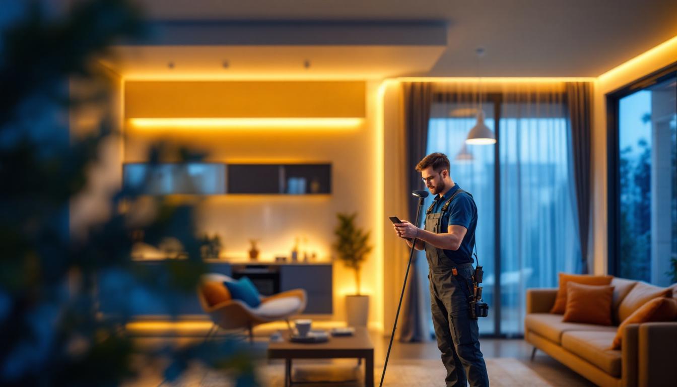 A photograph of a lighting contractor efficiently installing qssi lighting solutions in a modern residential setting