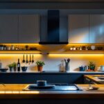 A photograph of a well-lit kitchen featuring modern tube lights installed under cabinets and above workspaces