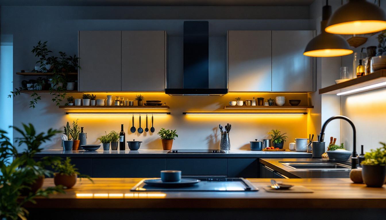 A photograph of a well-lit kitchen featuring modern tube lights installed under cabinets and above workspaces