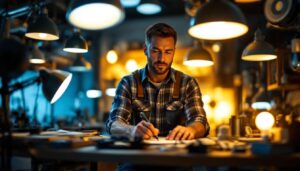 A photograph of a lighting contractor working on a project