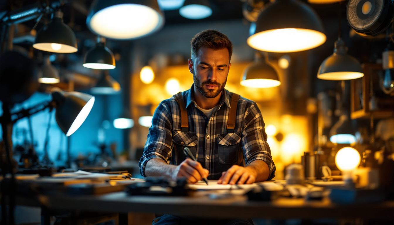 A photograph of a lighting contractor working on a project