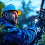 A photograph of a lighting contractor expertly installing wet location led fixtures in a visually appealing outdoor setting