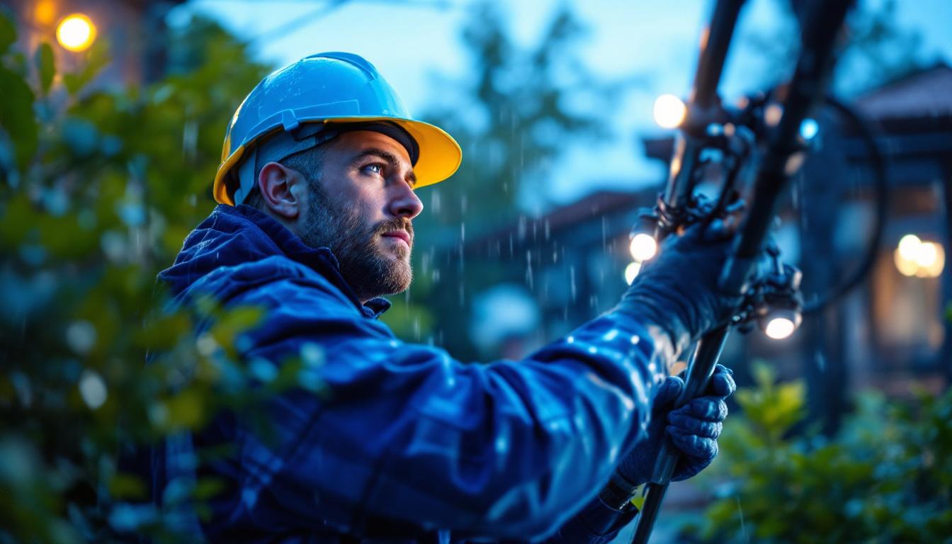 A photograph of a lighting contractor expertly installing wet location led fixtures in a visually appealing outdoor setting