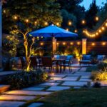A photograph of a beautifully lit outdoor space showcasing various solar lighting installations