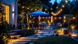 A photograph of a beautifully lit outdoor space showcasing various solar lighting installations