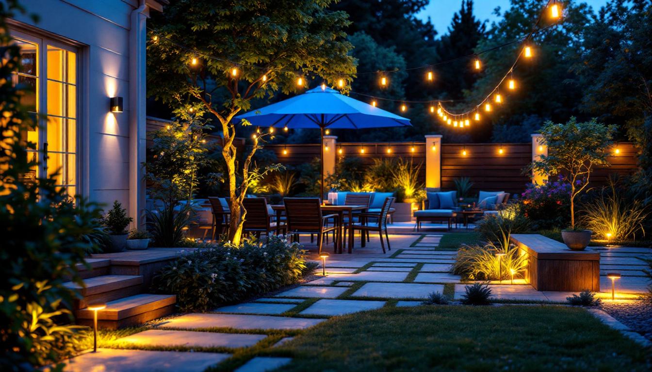 A photograph of a beautifully lit outdoor space showcasing various solar lighting installations