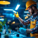 A photograph of a lighting contractor in action