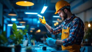 A photograph of a lighting contractor in action