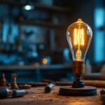 A photograph of a vintage light bulb glowing warmly in a modern workshop setting