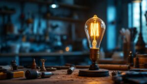 A photograph of a vintage light bulb glowing warmly in a modern workshop setting