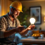 A photograph of a lighting contractor installing or demonstrating a timed light bulb in a modern home setting
