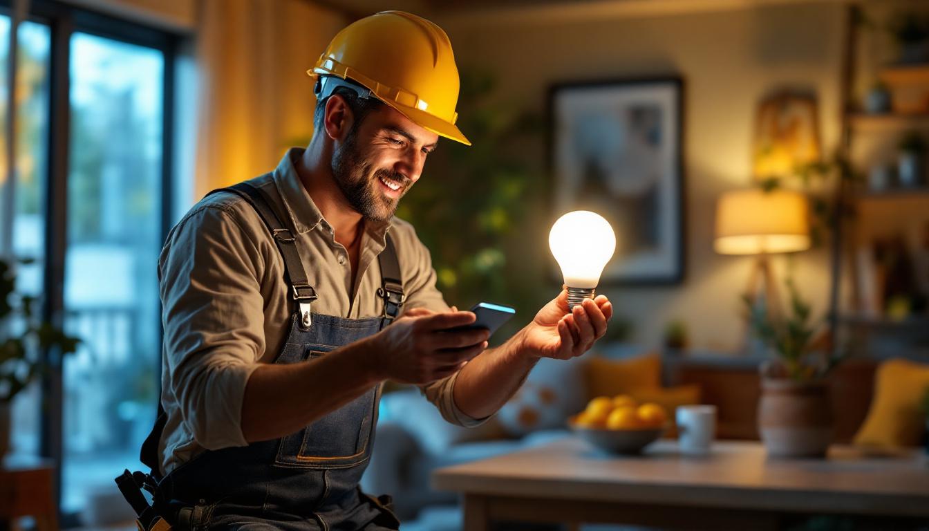 A photograph of a lighting contractor installing or demonstrating a timed light bulb in a modern home setting