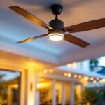 A photograph of a stylish outdoor ceiling fan installed in a beautifully designed patio or outdoor living space
